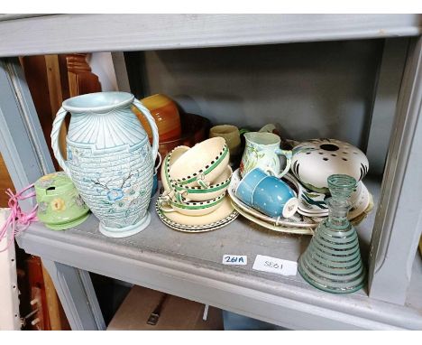 Shelf of items to include soup bowls, china, Suzy Cooper tea cups and saucers