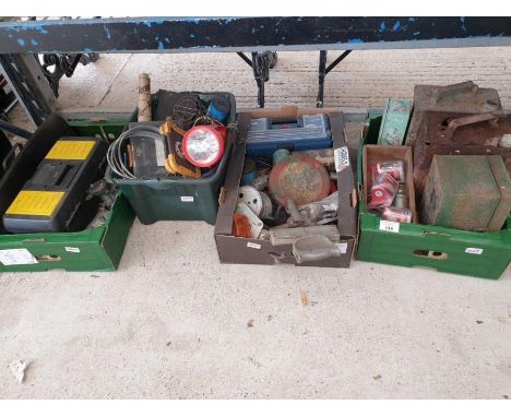 Quantity of tools, tool boxes, oil cans, vintage tin &amp; other garage items
