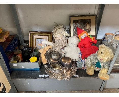 Shelf of silver plate to include jugs, trays &amp; a collection of soft toys &amp; dolls to include an American story doll,  