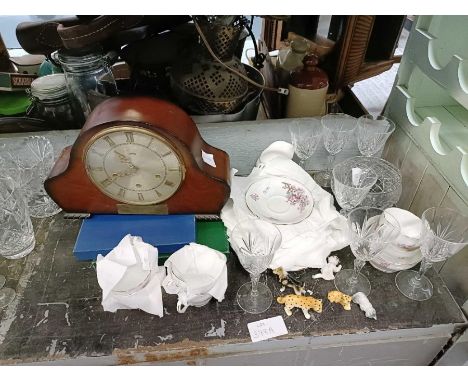 Smith's mantel clock, Royal Standard cups and saucers, glasses etc