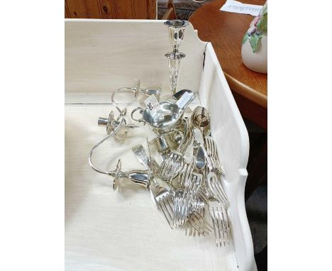 Collection of silver plated forks, spoons, cream jug &amp; candlestick/candelabra