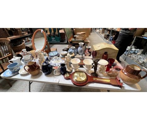 Table of ceramics to include vases, jugs, Wedgwood, blue and white china, barometer, Caithness glass paperweights &amp; ornam