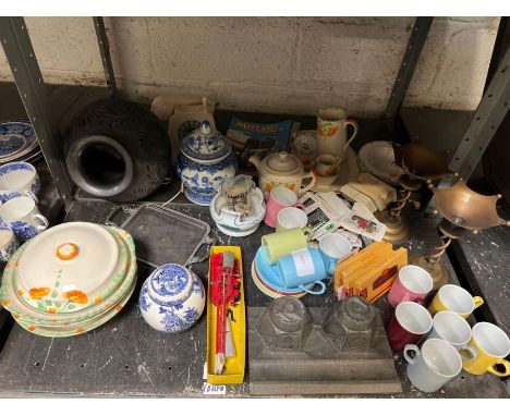 Shelf of items to include vintage telephone, cups &amp; saucers, cigarette cards etc