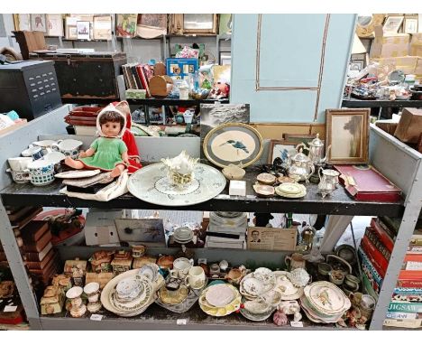 Shelf to include dolls, pair of binoculars, sail boat. Midwinter soup bowls &amp; jugs, glass vase, pictures, Spode charger e