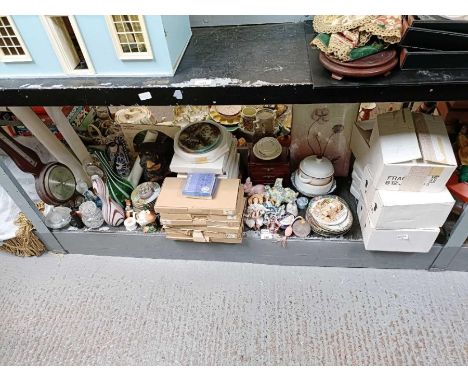 Collection of wall plates, miniature dolls, Doberman dog statue, barometer, vases, dome cased clock etc
