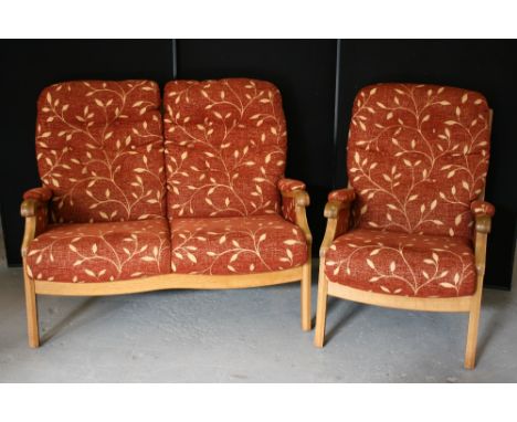 LOVE SEAT SOFA & ARMCHAIR - a red and gold upholstered love seat sofa and matching armchair.