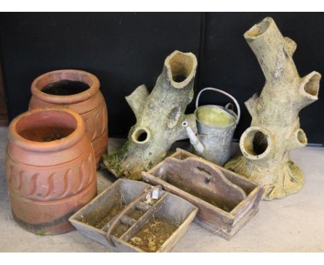 PLANTERS - two pairs of garden planters (one pair shaped as a tree trunk), a watering can and two wooden gardening trays.