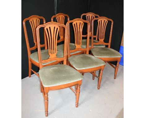 DINING ROOM CHAIRS - a set of 6 matching dining room wooden chairs upholstered in a light green velvet measuring 101x49x45cm.