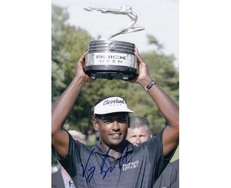 Vijay Singh signed 10 x 8 colour photo. Nice golfing portrait photo of the big Fijian golfer.   Good condition.  All items co