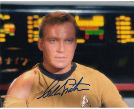 William Shatner signed 10 x 8 colour photo. Classic head and shoulders portrait of him as Captain Kirk from Star Trek.   Good