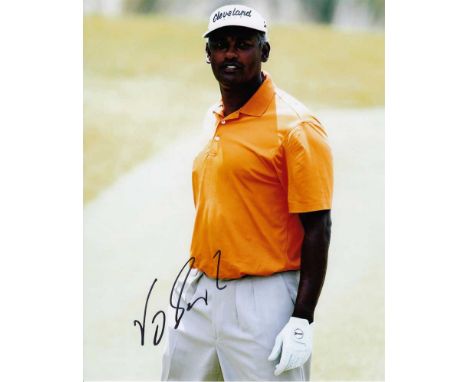 Vijay Singh signed 10 x 8 colour photo. Nice golfing portrait photo of the big Fijian golfer.   Good condition.  All items co