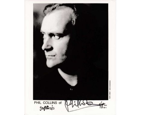 Phil Collins signed 10 x 8 black and white photo. Head and shoulders portrait photo signed Phil Collins.   Good condition.  A