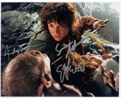 Elijah Wood and Andy Serkis signed 10 x 8 colour photo. Brilliant photo from Lord of the Rings signed by both Frodo and Gollu