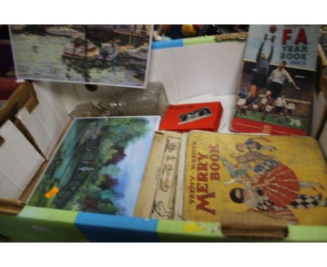 A TRAY OF TWO UNOPENED 1000 PIECE JIGSAWS, VINTAGE BOOKS, BOXED POCKET BINOCULARS AND GLASSWARE