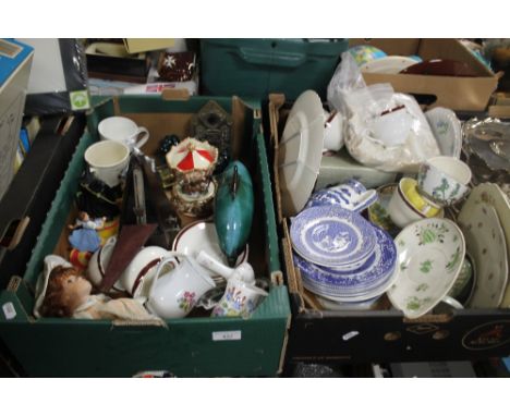 TWO TRAYS OF ORNAMENTS AND CHINA TO INCLUDE FAIRGROUND RIDE, DOLPHIN, TEA &amp; DINNERWARE, METRONOME, WIZARD OF OZ FIGURES, 
