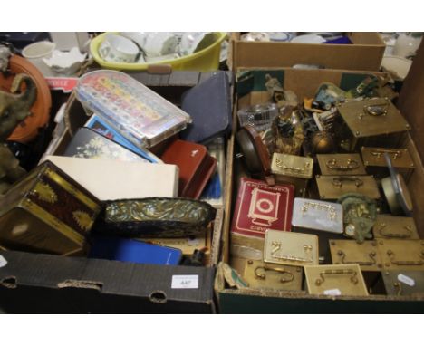 TWO TRAYS OF CIRCA 20 CLOCKS BRASS, DARTS, CHILD'S BAGATELLE, CASED SET OF SPOONS, DOMINOES ETC.