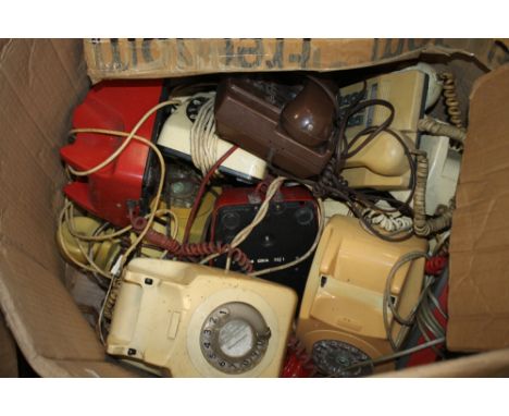 A LARGE BOX OF VINTAGE DIAL AND PUSH BUTTON TELEPHONES