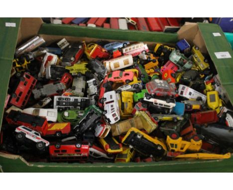 A BOX OF DIECAST VEHICLES, MAINLY CARS AND TRUCKS BY MATCHBOX, CORGI, DINKY ETC.