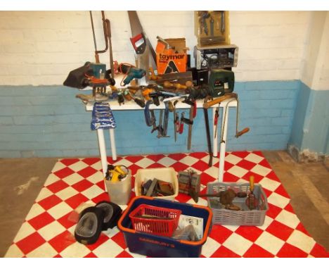 A SELECTION OF TOOLS INCLUDING SAWS, SPANNERS, G CLAMPS ETC.