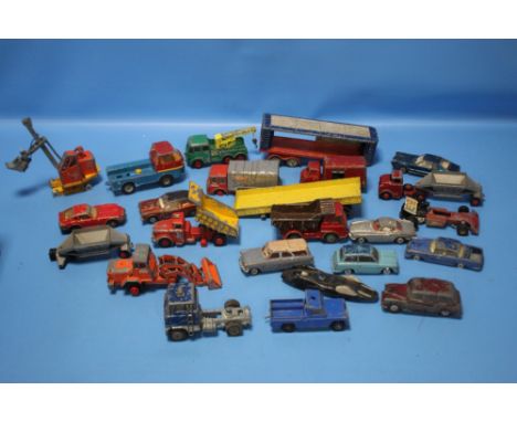 A BOX OF VINTAGE DIECAST VEHICLES, MAINLY CORGI, PLAYWORN