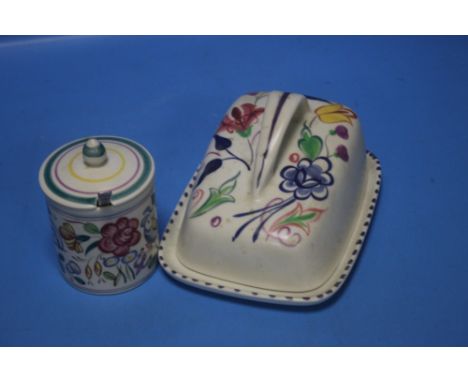 A POOLE BUTTER DISH AND JAM POT WITH SPOON Both pieces have surface grime, otherwise no chips, cracks or repairs that we can 