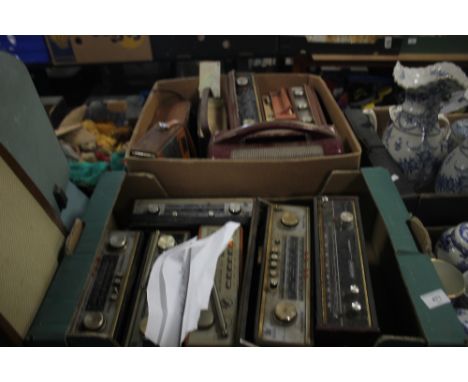 TWO TRAYS OF 12 VINTAGE RADIOS INCLUDING ROBERTS, HACKER, ULTRA ETC.
