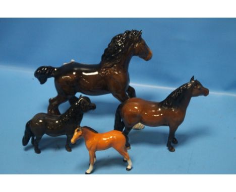 A BESWICK SHIRE HORSE, A BESWICK SHETLAND PONY, A BESWICK DARTMOOR PONY AND A RARE BESWICK LIGHT CHESTNUT FOAL  (4)