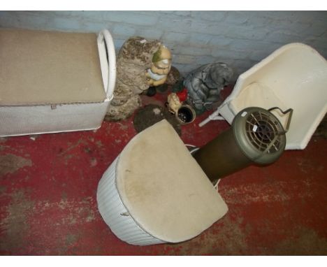 A SELECTION OF ITEMS INCLUDING CONCRETE GARDEN GNOMES, A VINTAGE HEATER, AND THREE LLOYD LOOM STYLE PIECES COMPRISING A CHAIR