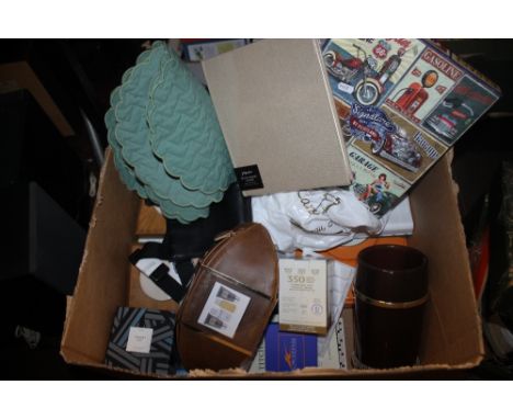 A BOX OF SUNDRIES TO INCLUDE PHOTO ALBUM, TRINKET BOX, BAYLISS &amp; HARDING GIFT SET, SCENTED CANDLES ETC.
