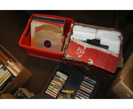 A EUMIG PROJECTOR, A QUANTITY OF LP RECORDS, 78 RECORDS AND A BOX OF CASSETTE TAPES