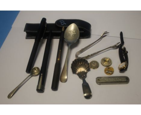 A QUANTITY OF COLLECTABLES TO INCLUDE VINTAGE FOUNTAIN PENS, PENKNIFE, WATCH PARTS ETC.