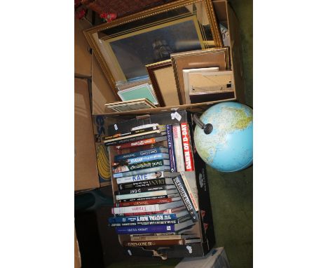 A LARGE GLOBE OF THE WORLD, VARIOUS PICTURES, PICTURE MIRROR, ORNAMENTS, CLOCK AND A BOX OF HARDBACK BOOKS INCLUDING MILITARY