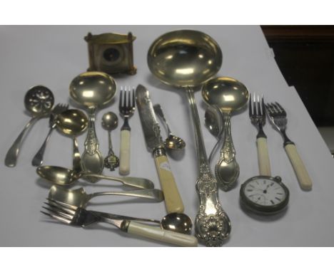 A COLLECTION OF WHITE METAL FLATWARE POCKET WATCH AND A SMALL MANTEL CLOCK