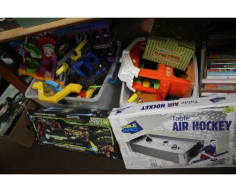 A QUANTITY OF IMAGINEX VTECH GAMES TOGETHER WITH BOXED TABLE AIR HOCKEY, LIGHT STRIKE GAME AND BOXED FLYING CIRCUS SPACE HOPP