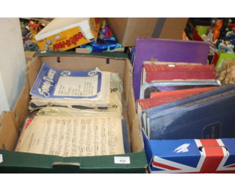 A TRAY OF SHEET MUSIC AND A TRAY OF VINTAGE BOOKS INCLUDING RAILWAY INTEREST ETC. (TRAYS NOT INCLUDED)