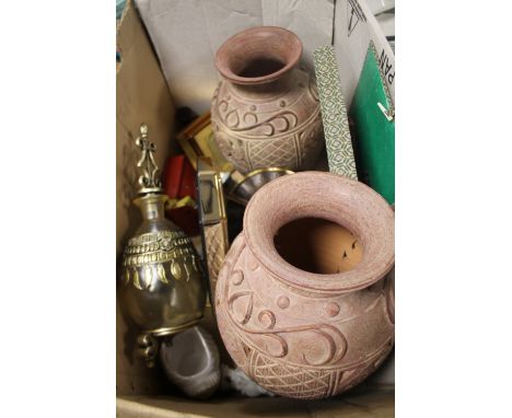 A BOX CONTAINING A PAIR OF LARGE EARTHENWARE PIERCED VASES, A QUANTITY OF PICTURES, A CAST IRON CANDLE HOLDER, A QUARTZ CLOCK