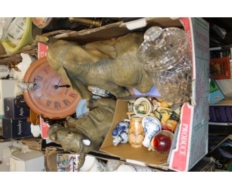 TWO TRAYS OF LARGE ELEPHANT AND RHINOCEROUS ORNAMENTS, GLASS BISCUIT BARREL, CLOCK, WEDGWOOD MUGS ETC.