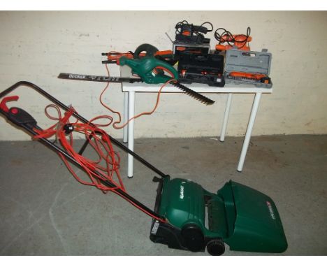 A QUALCAST ELECTRIC MOWER WITH ELECTRICAL HAND TOOLS