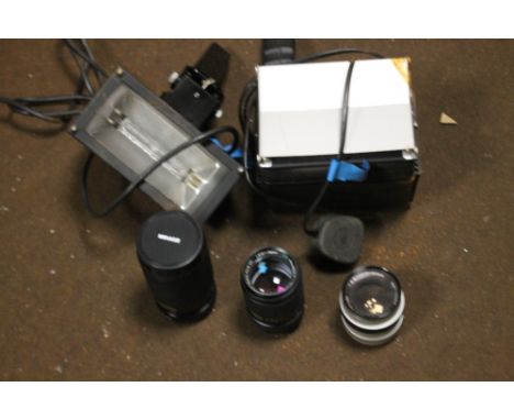 TWO VINTAGE SPOTLIGHTS TOGETHER WITH THREE CAMERA LENSES TO INCLUDE MIRAGE, FUJICA ETC.