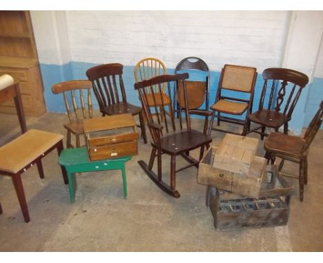 THIRTEEN ITEMS COMPRISING CHAIRS AND VINTAGE CRATES