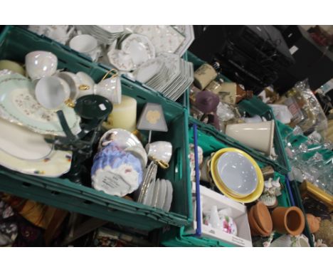 THREE TRAYS OF PART TEASET, KITCHEN SCALES, WEDGWOOD ORNAMENTS, CANDLESTICKS, PORCELAIN TEAPOT, VASES, ORNAMENTS, COFFEE POT 