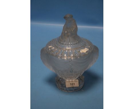 A BACCARAT PRESSED GLASS ELEPHANT AND MAHOUT LIDDED BOWL Condition Report:  Mahout finial has been knocked off and glued back