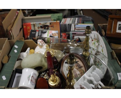 TWO TRAYS OF SUNDRIES TO INCLUDE PUSH BUTTON REPRODUCTION TELEPHONE, PAIR OF MATCHING BRASS TABLE LAMP BASES, A CLOCK, CDS IN