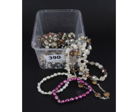 Eight pearl necklaces and three pearl bracelets.