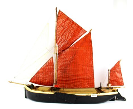 A handmade wooden model of a sailing barge, L. 86cm. Prov. Bertie Bardell estate.