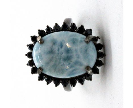 A 925 silver large cluster ring set with cabochon cut larimar and black spinel, 2.1 x 1.7cm, (S).