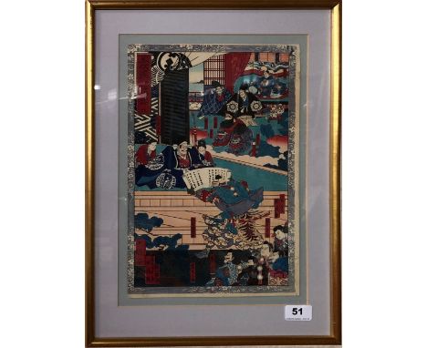 Three framed Japanese woodblock prints, print size 24 x 35.5cm.
