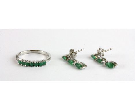 A pair of 925 silver drop earrings set with marquise cut emeralds and a 925 silver emerald half eternity ring, (Q).