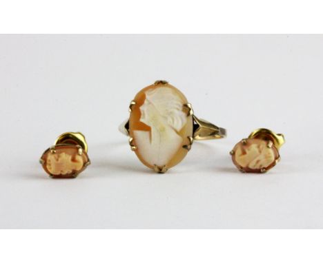 A pair of 9ct gold cameo set earrings and a 9ct gold cameo set ring.