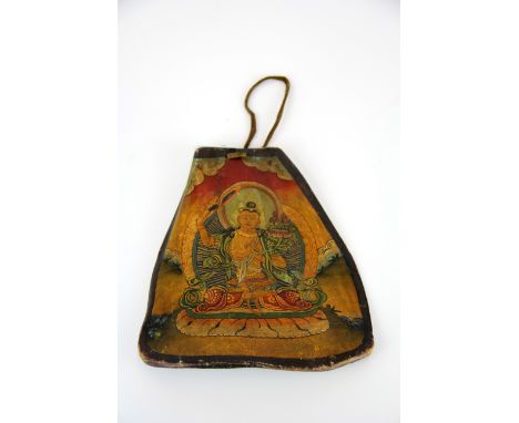 A rare Tibetan hand painted thangka painting on a shoulder bone, H. 20.5cm W. 19cm.